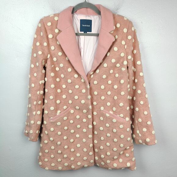 Modcloth 3D Polka Dot Coat Womens Small‎ Pink White Wool Blend Retro Peacoat - Picture 1 of 8